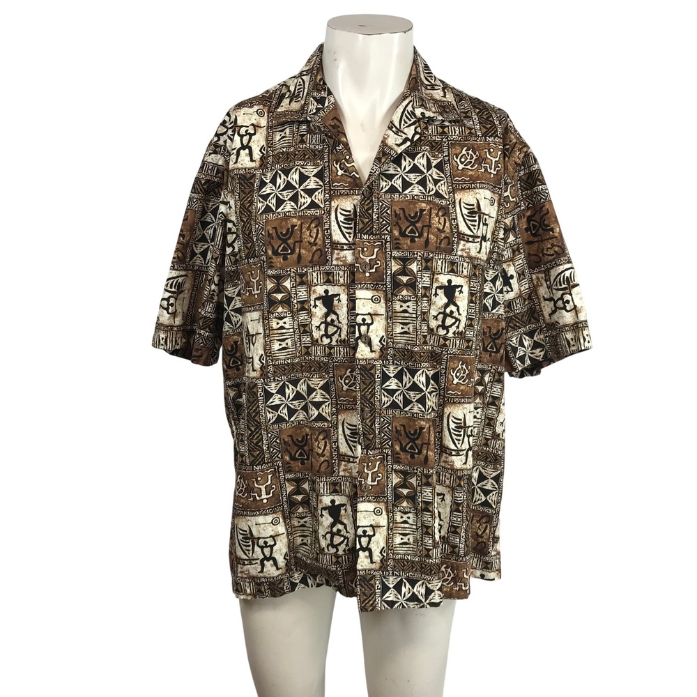 Blue Turtle Mens XL Hawaiian Shirt Tribal Petroglyph Print Brown Cotton Hawaii